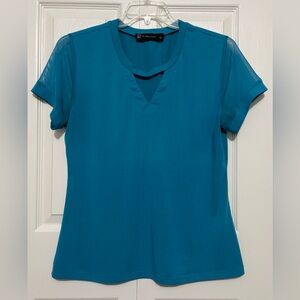 New York & Co Teal Top Size L Sheer Mesh Short Sleeves Triangle Keyhole